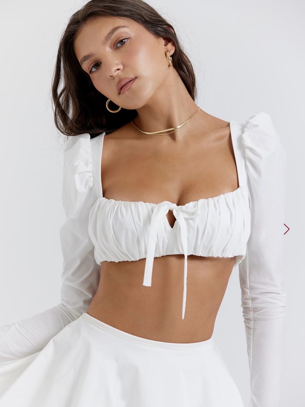 House of CB White Ruched Corset Crop Top - Long Puff Sleeves - Front Tie - NWT